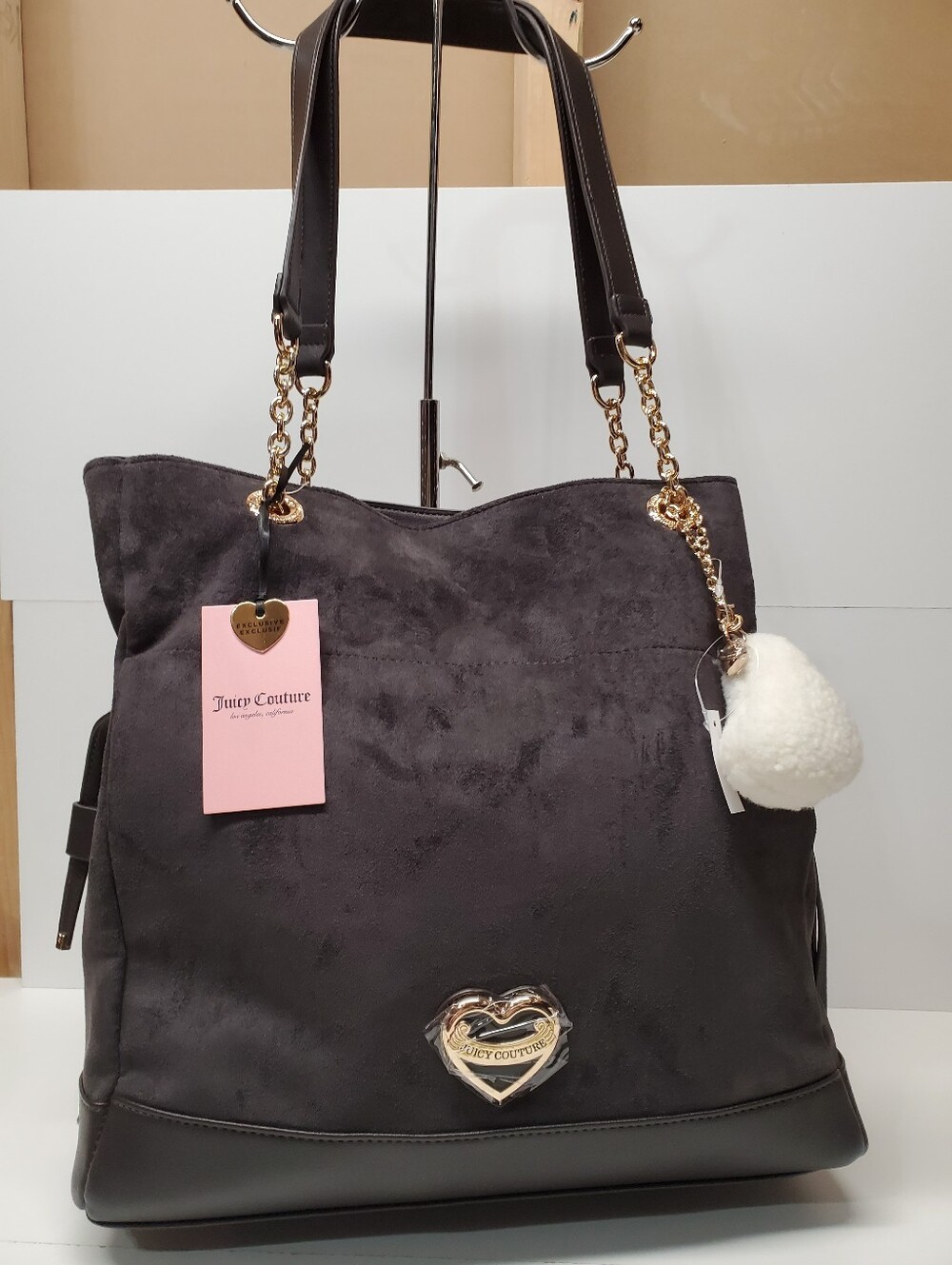 Juicy Couture Chocolate Faux Sued Tote with Gold Chain Accents and Pom-Pom Charm